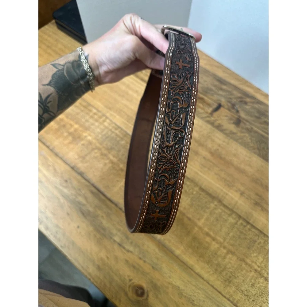 Mens size 28‎ Brown Genuine Leather Western Cross Embossed Belt Silver Buckle